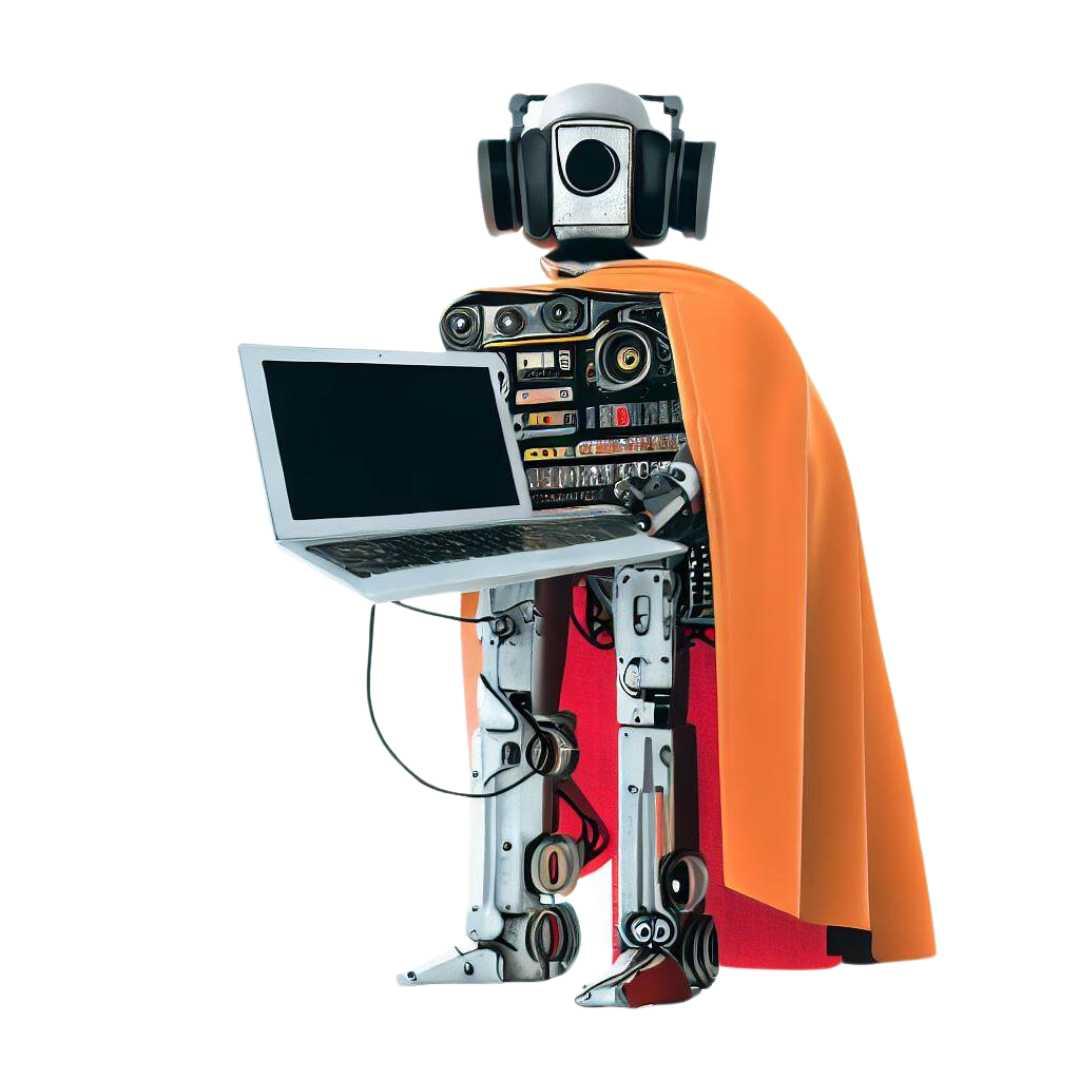 robot wearing an orange colour cape, holding a laptop